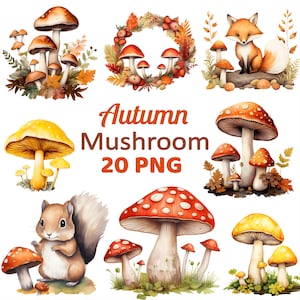 Può includere: Illustrazioni ad acquerello di funghi autunnali, una volpe e uno scoiattolo. L'immagine include una ghirlanda di funghi e il testo "Autumn Mushroom 20 PNG". I funghi sono in tonalità di rosso, marrone e giallo.