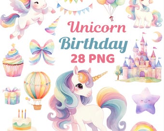 Watercolor Unicorn Birthday Clipart: Rainbow Castle PNG, Nursery Wall Art, Kids Birthday (Digital Download)