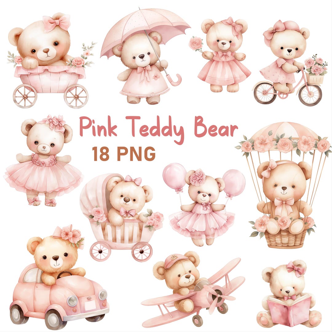 Pink Teddy Bear Watercolor Clipart: Baby Girl Nursery PNG (digital ...