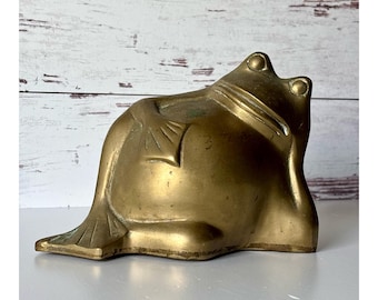 Vintage Brass Large Anthropomorphic Reclining Frog Figurine (8.5" L  x 6.0" H x 5.0" D)