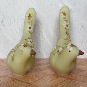 Pair of Fenton Yellow Green Custard Uranium Glass Birds of Happiness with Daisies Hand Painted by Debbie Alderman