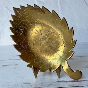 Vintage Solid Brass Leaf Trinket Tray Valet Dish Made in India