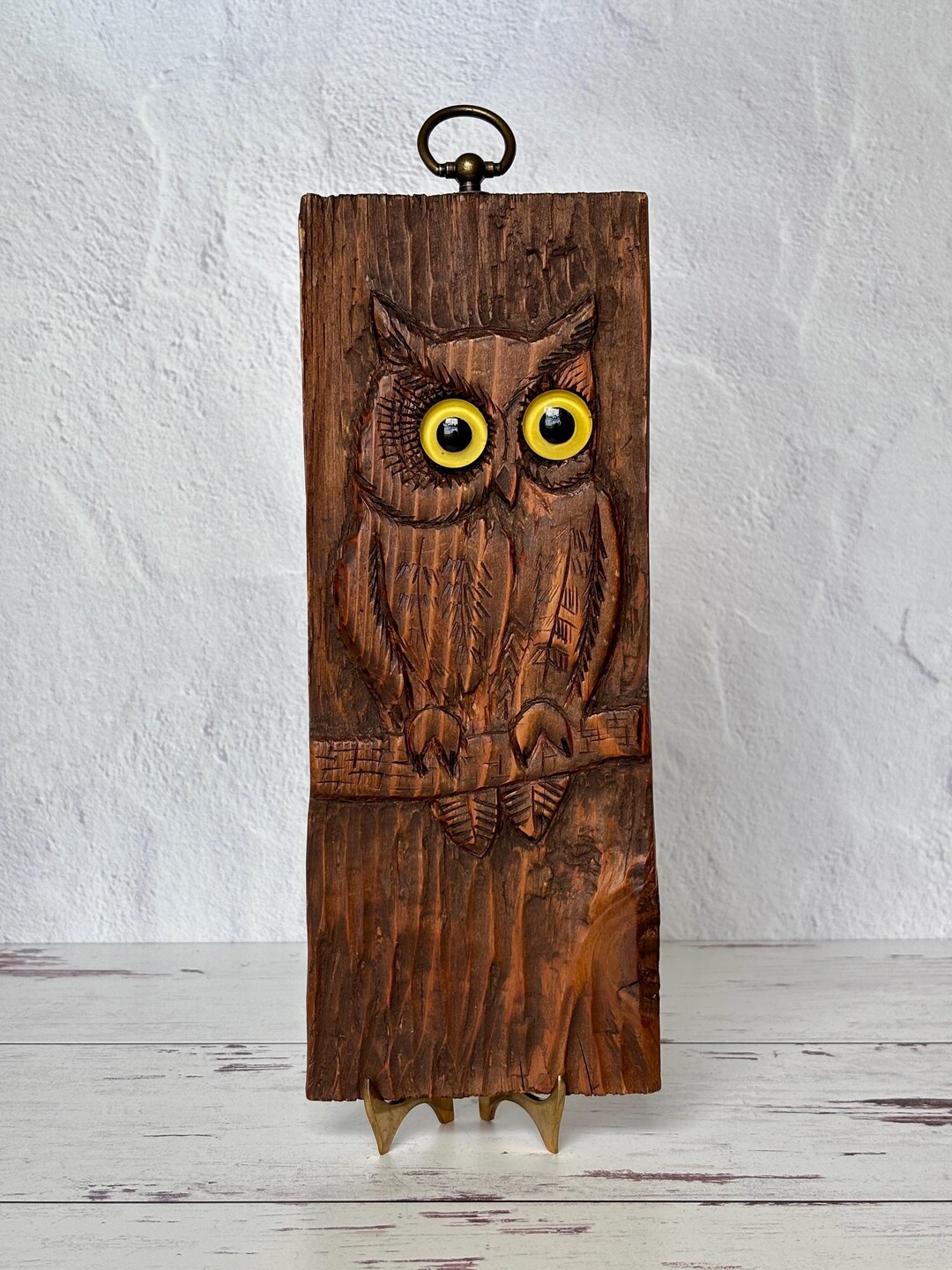 Rustic Owl Hand Carved Rustic Primitive Wooden Owl Plaque Wall Hanging With Yellow ...