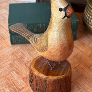 Jim Slack Hand Carved Hand Painted Wooden Female Cardinal Bird Handmade Wood Carving Decoy