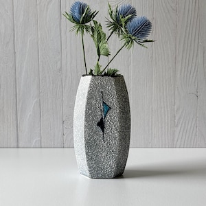 1960s West Germany Fat Lava MCM Small Bud Vase with Double Sided Triangular Abstract Design 6.0" H x 3.25" W x 1.875" D