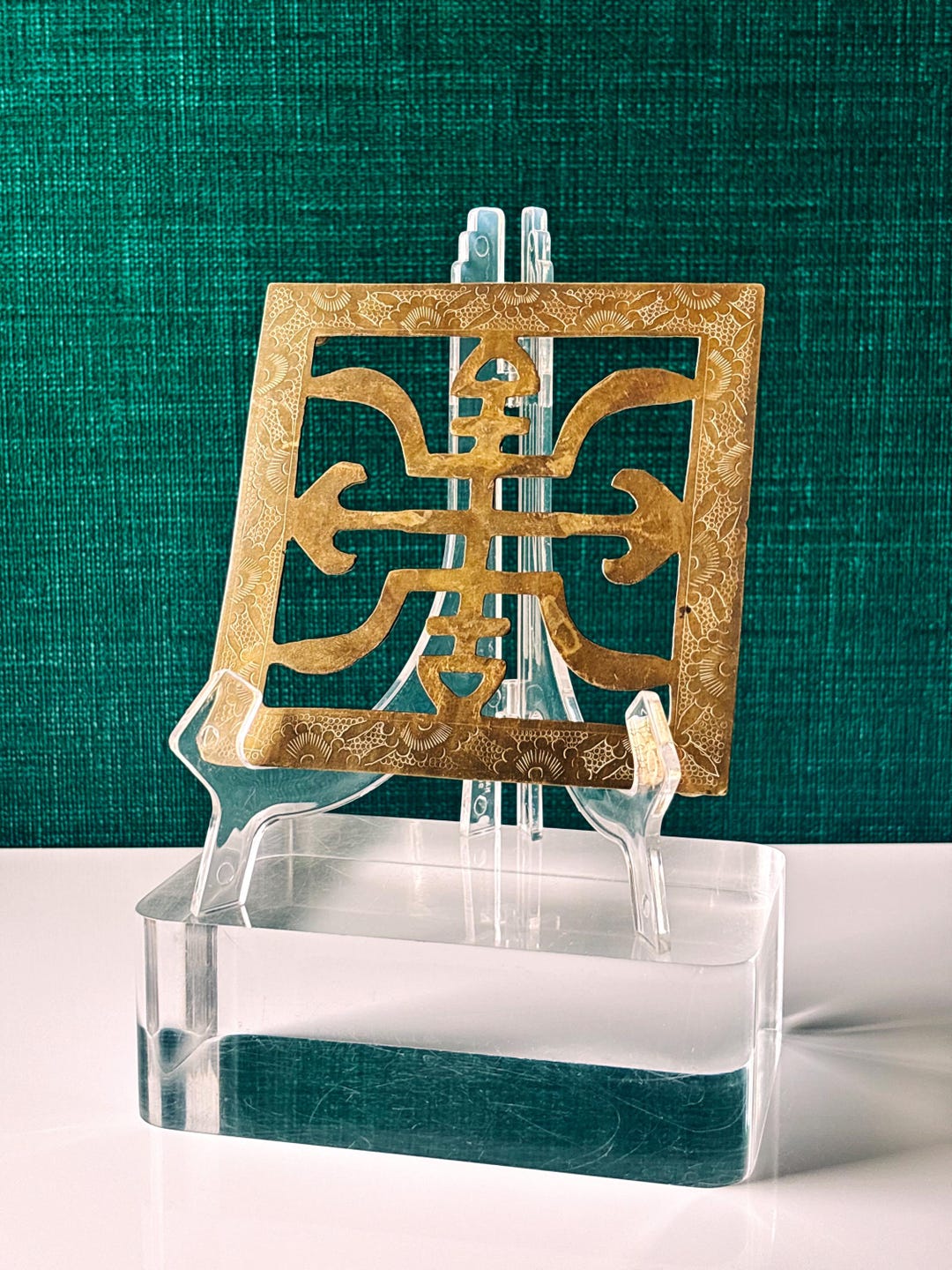 Large Square Pierced Solid Brass Chinese Footed Riser 5.0” W X 5.0” D X ...