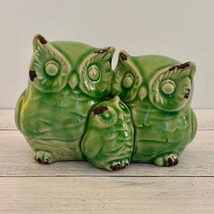 Vintage 1970s Green and Brown Glaze Ceramic Owl Family Figurine 4.0” H