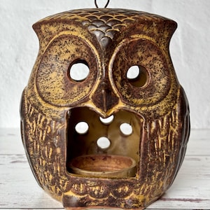 Bougeoir vintage hibou en céramique à glaçure brune, 5,25 po. H