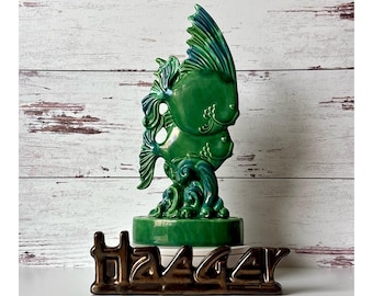 1941 Royal Haeger R-360 Twin Fish Flower Holder in Green Agate Glaze 11.25" H x 5.25" W x 3.375" D