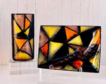 1960s Aldo Londi Bitossi Ceramic Vase and Tray Set: Vetrata Geometric Earth Tones