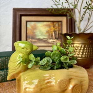 Vintage 1950s Japan Midcentury Ceramic Green Bird Sitting on Yellow Log Mini Planter Hand Painted in Japan
