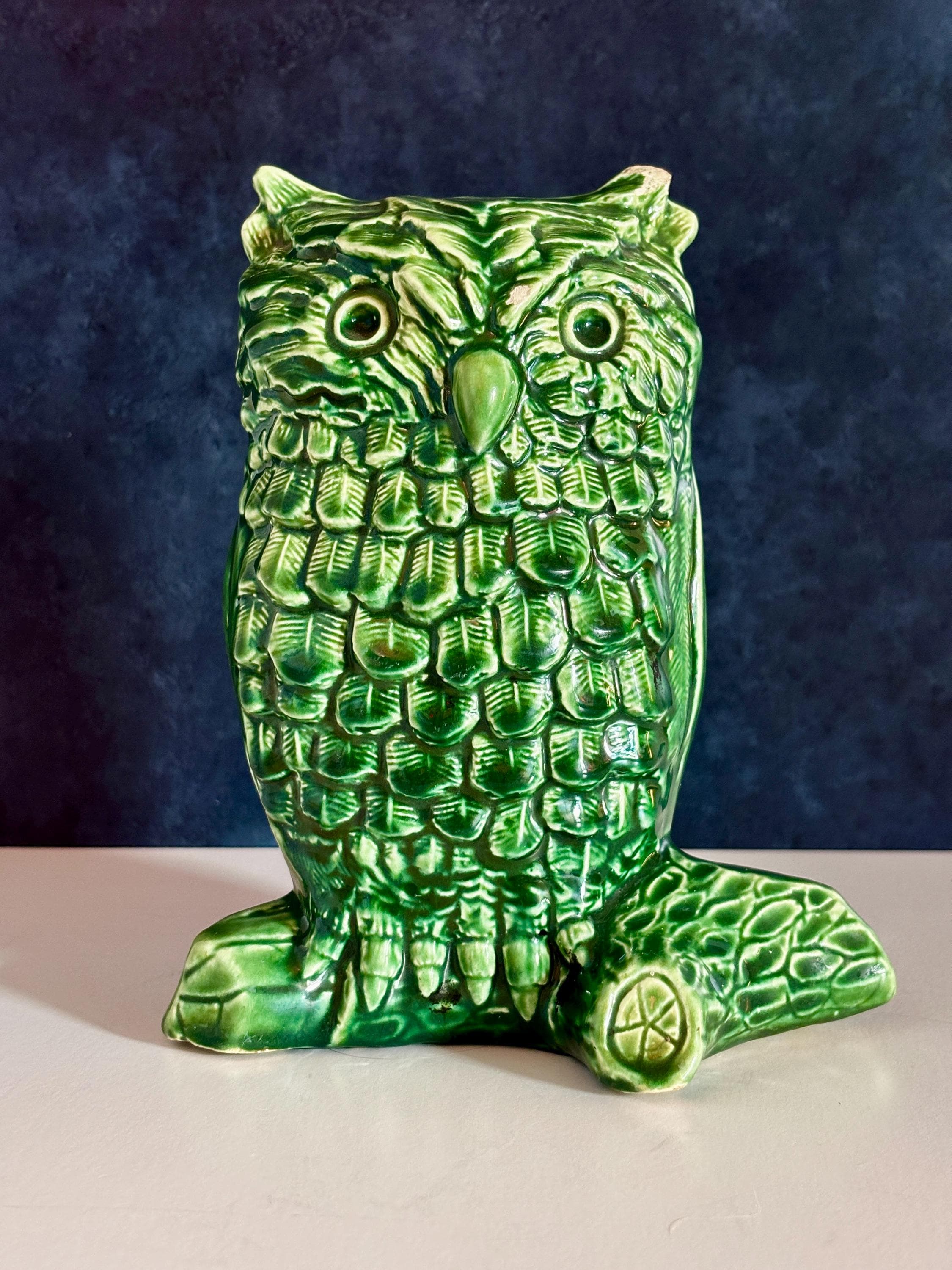Vintage Chippy Green Glaze Ceramic Large Owl Figurine 6.75” H