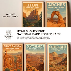 May include: A set of five framed posters featuring vintage-style illustrations of Utah's National Parks: Zion, Arches, Bryce Canyon, Canyonlands, and Capitol Reef. The posters have a warm color palette with text that reads "Utah Mighty Five National Park Poster Pack."