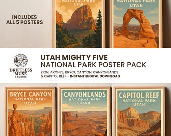 Conjunto de pósteres de los 5 parques nacionales más importantes de Utah, descarga digital
