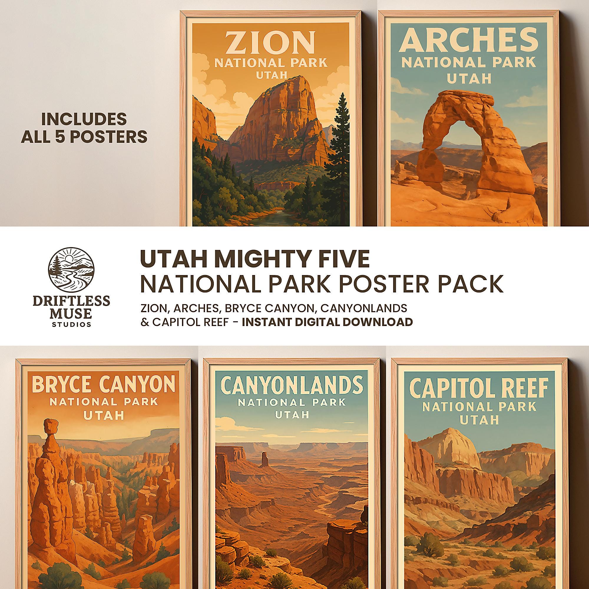 Utah Mighty 5 National Parks Poster Set, Digital Download - Etsy