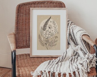 Láminas de arte lineal botánico bohemio - Juego de 4 (descarga digital en tamaño A4 y carta de EE. UU.)