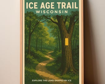 Póster de la Ruta de la Edad de Hielo de Wisconsin: Arte de senderismo con paisajes glaciares (descarga digital disponible)