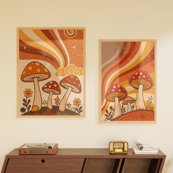 Retro Mushroom Print Set: 70s Groovy Boho Decor (Digital Download, Multiple Sizes Included)