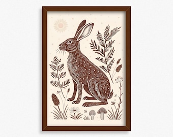 Boho Hare Linocut Print, Digital download