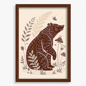 Boho Bear Linocut Print: Rustic Forest Animal Wall Art (Digital Download, 24x36 Max Size)