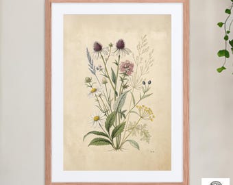 Arte mural botánico bohemio: impresión floral vintage enmarcada con paspartú: ilustración natural para decoración del hogar