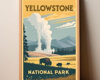May include: Framed poster featuring a vintage-style illustration of Yellowstone National Park. The artwork depicts a geyser erupting, bison grazing, and mountains under a yellow and blue sky. The words "YELLOWSTONE NATIONAL PARK" are prominently displayed.