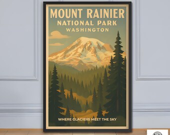 Framed Mount Rainier National Park Poster – Pacific Northwest Travel Art