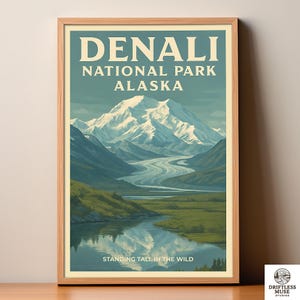 Póster del Parque Nacional Denali, lámina vintage de viaje a Alaska (descarga digital)