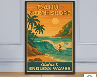 May include: A framed vintage-style poster with a Hawaiian beach scene. The poster features a surfer riding a wave, palm trees, and the text "OAHU - NORTH SHORE" and "Aloha & ENDLESS WAVES". The color palette includes orange, green, and blue.