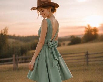 green short wedding guest dress Elegant Sage Green Summer Wedding Guest Dress,Water-Soluble Lace Patchwork Chiffon Hollow Back Waist Flared Short Dress For Teen Girlsrs