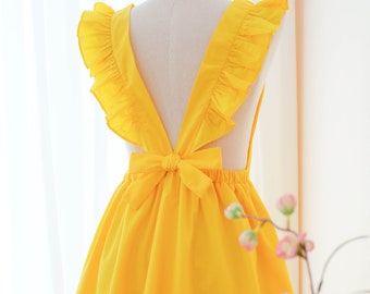 Yellow Cotton Ruffle Suspender Dress, Vintage Inspired Summer Beach Coverup