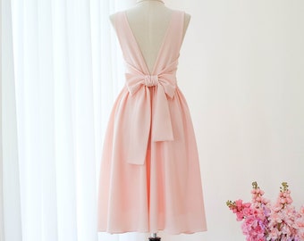 Abito midi rosa cipria, abito da damigella rosa senza schienale, abiti da sposa primavera estate, abito da cocktail per feste e tè
