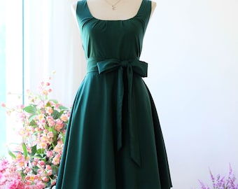 Forest green bridesmaid dress Scoop neck V Neck party vintage tea dress Short green spring summer sundress