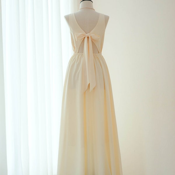 Yellow Butter Bridesmaid dress Floor length bow back party prom cocktail wedding dress bow back sleeve vintage dress