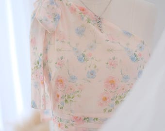Pale pink one shoulder dress, Pink floral bridesmaid dress, Floral wedding guest dress, Vintage cottage maxi dress