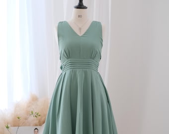 Dusty sage green bridesmaid dresses, Wedding guest short dress, Backless mini dress, Summer bow back party dress, Vintage cottage dress Dusty sage green bridesmaid dresses, Wedding guest short dress, Backless mini dress, Summer bow back party dress, Vintage cottage dress