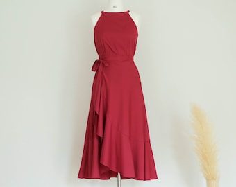 Blood Red Wedding guest dress, Bridesmaid dresses , 2 Pieces Prairie dress, Asymmetrically hem skirt , Custom color