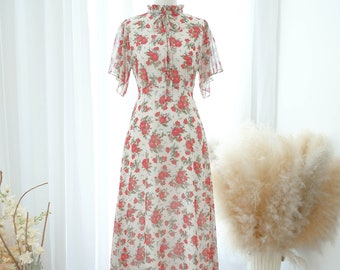 Classic red roses floral bridesmaid dress Cocktail prom party wedding dress Vintage maxi dress high neck short sleeve long dress