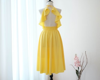 Yellow Backless Midi Dress | Halter Yellow Bridesmaid Dress | Wedding Guest  Dress | Cocktail Party Summer Outfits - Etsy