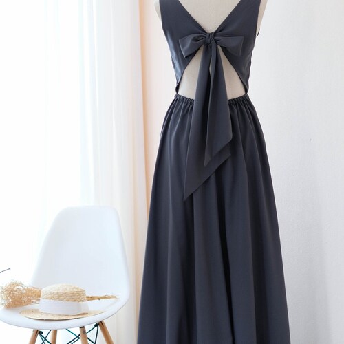 Charcoal Gray bridesmaid dress maxi dark gray party dress long cocktail dress bow back floor length gray bridesmaid dresses