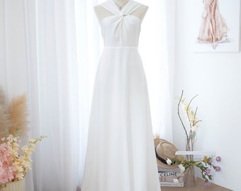 Off white halter bridal dress White solid bridesmaid dress wedding dress prom party cocktail dress maxi long dress