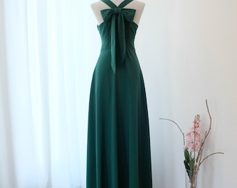 Forest green maxi bridesmaid dress Floor length bow Back cocktail party dress Green wedding guest dress