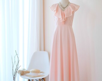 Pink Blush Bridesmaid Dress , Maxi Wedding Guest Women Dresses , Formal  Cocktail Party Gown , Ruffle Neckline , Sleeveless , Floor Length - Etsy