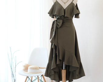 green emerald velvet dress Olive Green Shiny Elastic Satin High Low Slit Bridesmaid Dresses, CB0249 US12 / As Pic
