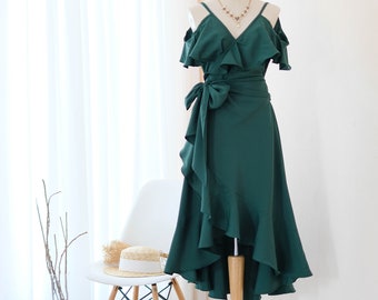 Forest green bridesmaid dress Midi, Wedding guest dress, Drop shoulder dress, Asymmetrically hem dress, Custom color