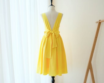 Yellow midi bridesmaid dress Scoop neck backless party dress Prom cocktail wedding guest dress Yellow midi dress