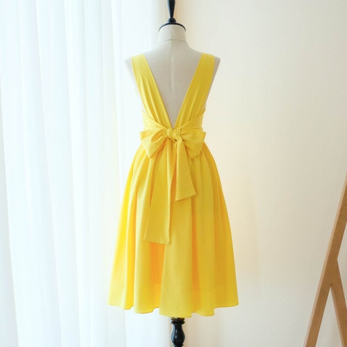 Lemon Yellow Bridesmaid Dress Backless Party Dress Bow Back Etsy