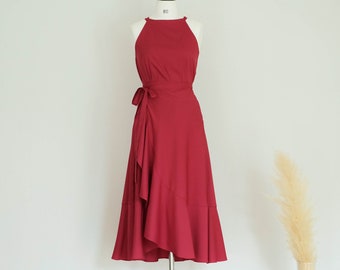Red dress Bridesmaid dresses Two pieces wrap dress prom Party cocktail dress Wedding guest dress Wine dress