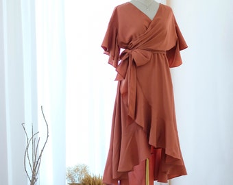 Copper bridesmaid dress Midi wrap dress with sleeve Prom party cocktail wedding guest dress