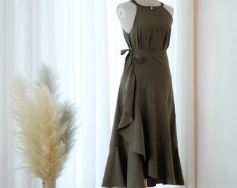 Olive green bridesmaid dress 2 pieces set sleeveless Wrap dress party dress Asymmetrically dress Hight low skirt summer sundress